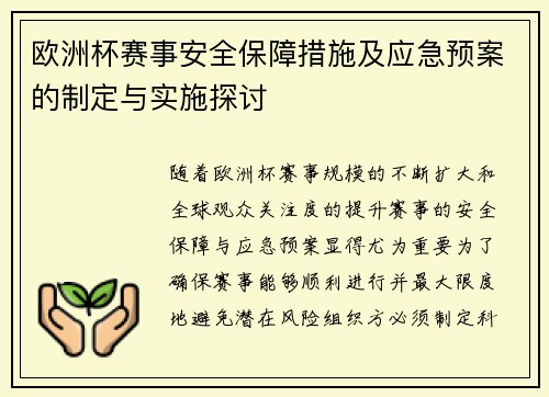 欧洲杯赛事安全保障措施及应急预案的制定与实施探讨