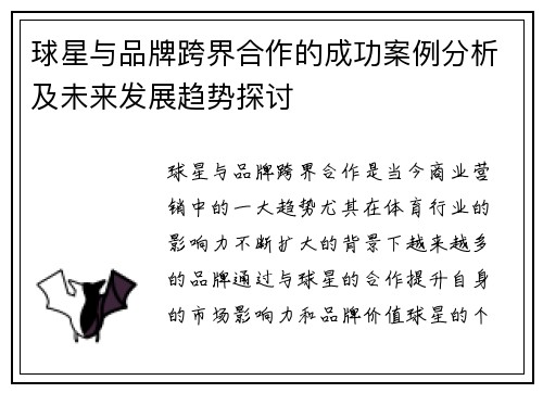 球星与品牌跨界合作的成功案例分析及未来发展趋势探讨